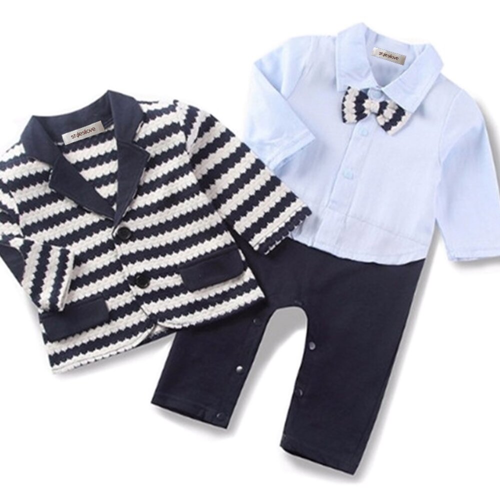 Blue Tuxedo Baby Boy Romper & Striped Jacket 2pcs